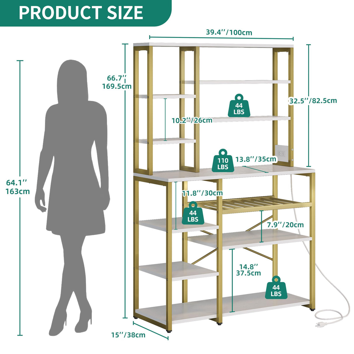 YITAHOME Kitchen Microwave Stand Bakers Rack Coffee Bar with Power Outlet, 39 Inch Large Freestanding Tall Dining Room Storage Shelves for Wine Liquor with Cup Holder, White Gold YITAHOME