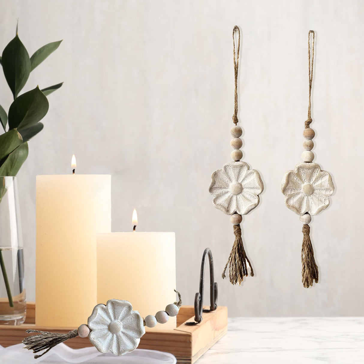 2pcs Carved Floral Tassels with Farmhouse Wood Beads - Multi-Functional Wall Decor Tray Home Decoration (Natural) Musanpou