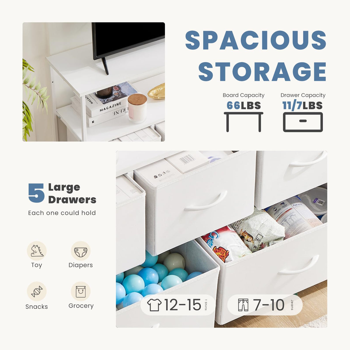 DUMOS TV Stand Dresser for Bedroom Entertainment Center with 5 Fabric Drawers Storage Organizers Units, Media Console Table with Open Shelf up for 45" Television for Living Room, Dorm, White DUMOS