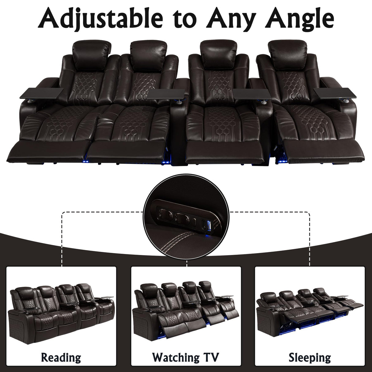 NMXUXMN Home Theater Seating,Top-Grain Leather Recliner Sofa, Zero Gravity Power Reclining Couch with Ambient LED Lights, Cup Holders & USB, Tray Table-Row of 4 Loveseat Left Coffee NMXUXMN