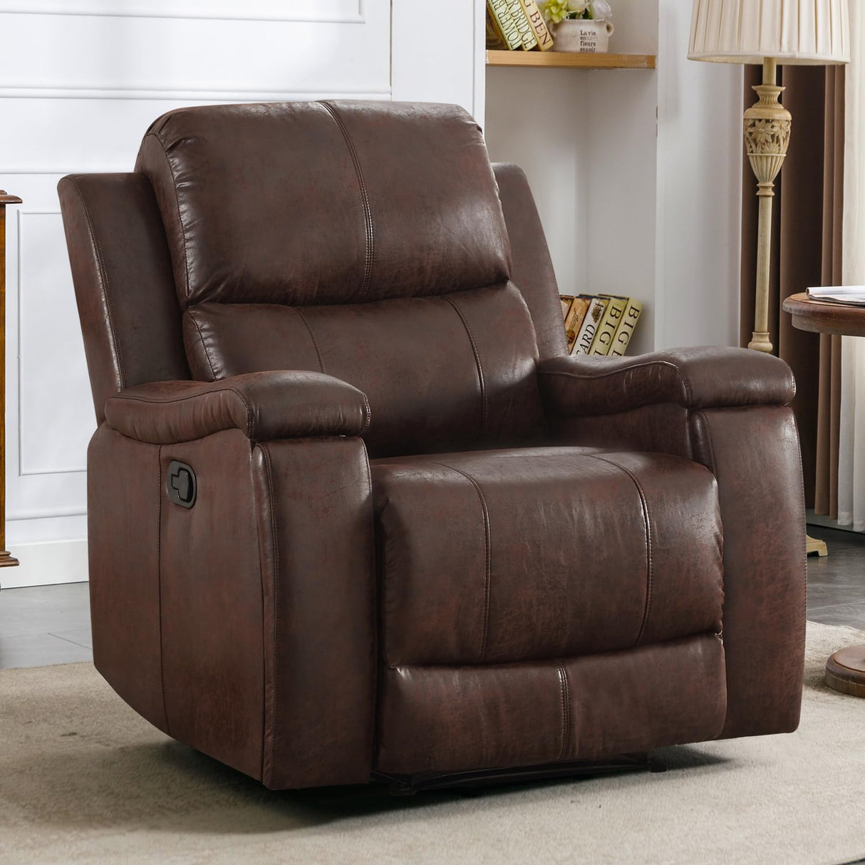 CANMOV Leather Recliner Chair, Classic and Traditional Manual Recliner Chair with Overstuffed Arms and Back, Manual Single Sofa with Concealed Cup Holders,Red Brown CANMOV
