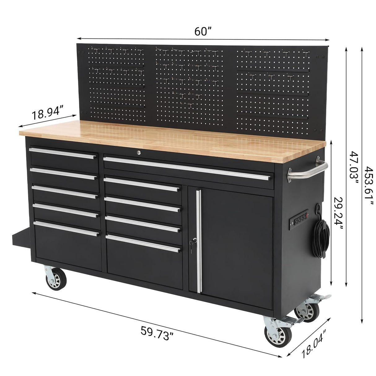 61-inch Rolling Tool Chest, 10 Drawers Garage Workbench Storage Tool Cabinet with Power Strip, Solid Rubber Wood Top, 1675 LBS Load Mobile Workstation, Heavy Duty Rolling Cabinet GAOMON