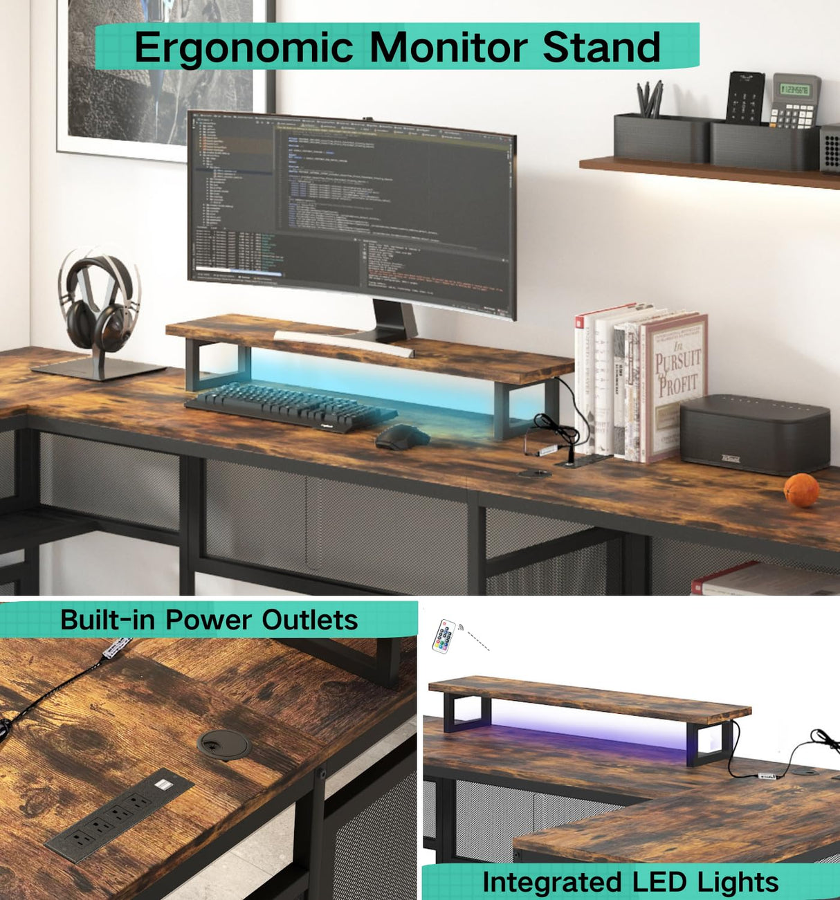 U Shaped Desk with Power Outlets & LED Lights, 82" L Shaped Computer Gaming Desk with Shelves, Corner Desk Office Desk with Monitor Stand & Storage Shelves Large Home Office Desk, Rustic Brown HD BUILT