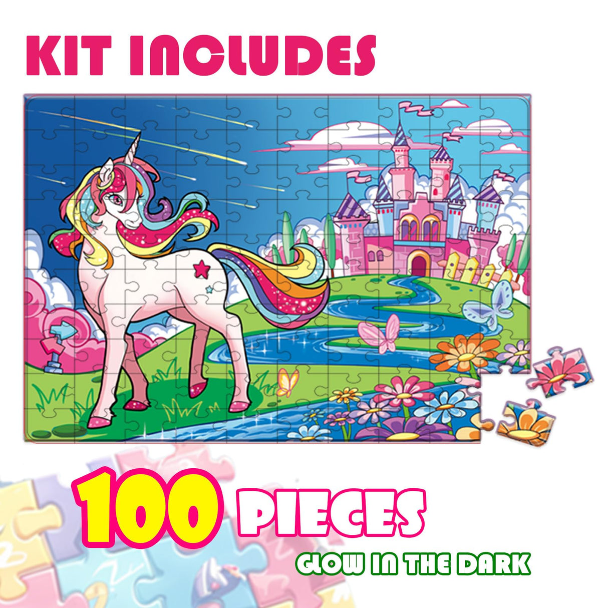 Glow in The Dark 100 Piece Unicorn Puzzle with Paint for Kids, Jigsaw Puzzle Toys for Girls&Boys, Unicorn Birthday Gift for Girls Toodler Age 5 6 7 8 Wings Giant