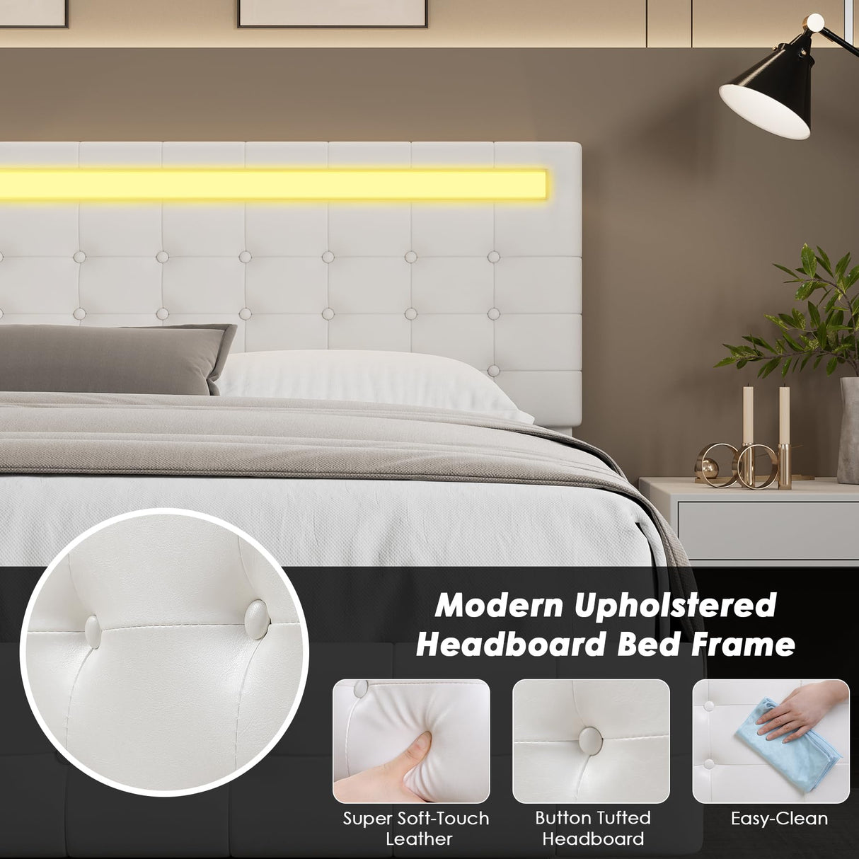 Keyluv Modern Floating Bed Frame with Adjustable LED Lights and Upholstered Leather Headboard - White Keyluv