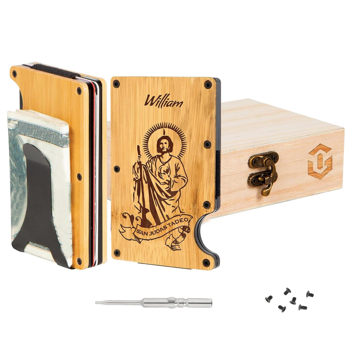 Custom Wooden Credit Card Holder with Money Clip and wooden box β Personalized Wallet Gift for Husband - Anniversary Gift for Him, Boyfriend Gifts, Minimalist Smart Wallet for Men (San Judas-Bamboo) OTGMPIREX
