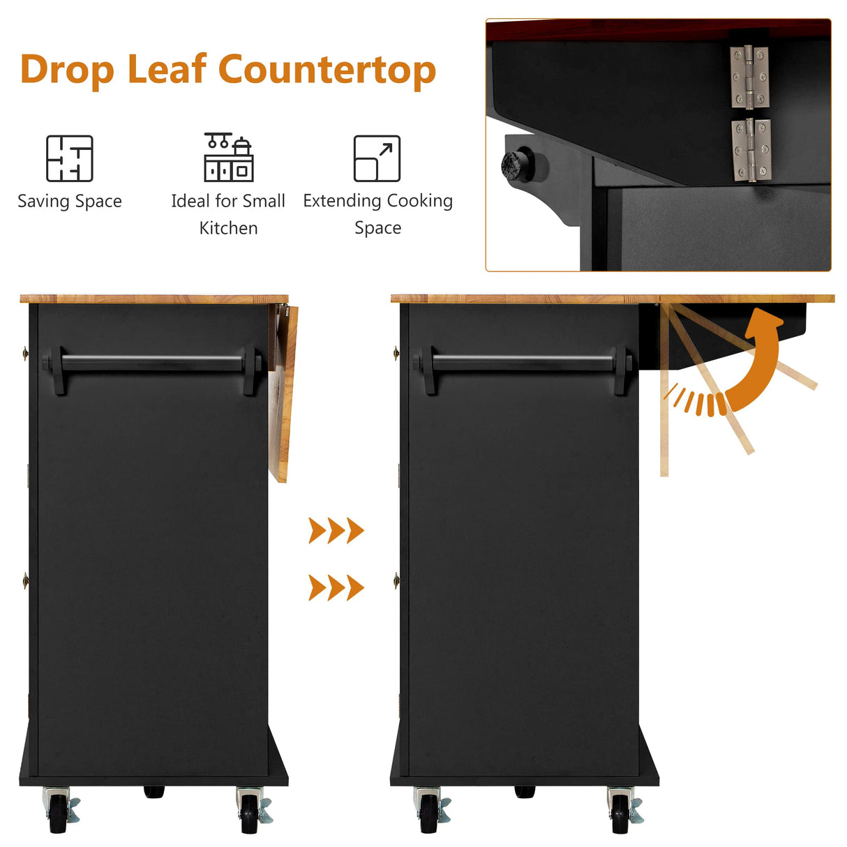 Squireewo Kitchen Cart with Wood Top and Drop Leaf Breakfast Bar, Rolling Mobile Kitchen Island Table on Wheels with Drawer and Storage Cabinet, Spice Rack, Towel Rack, Black Squireewo