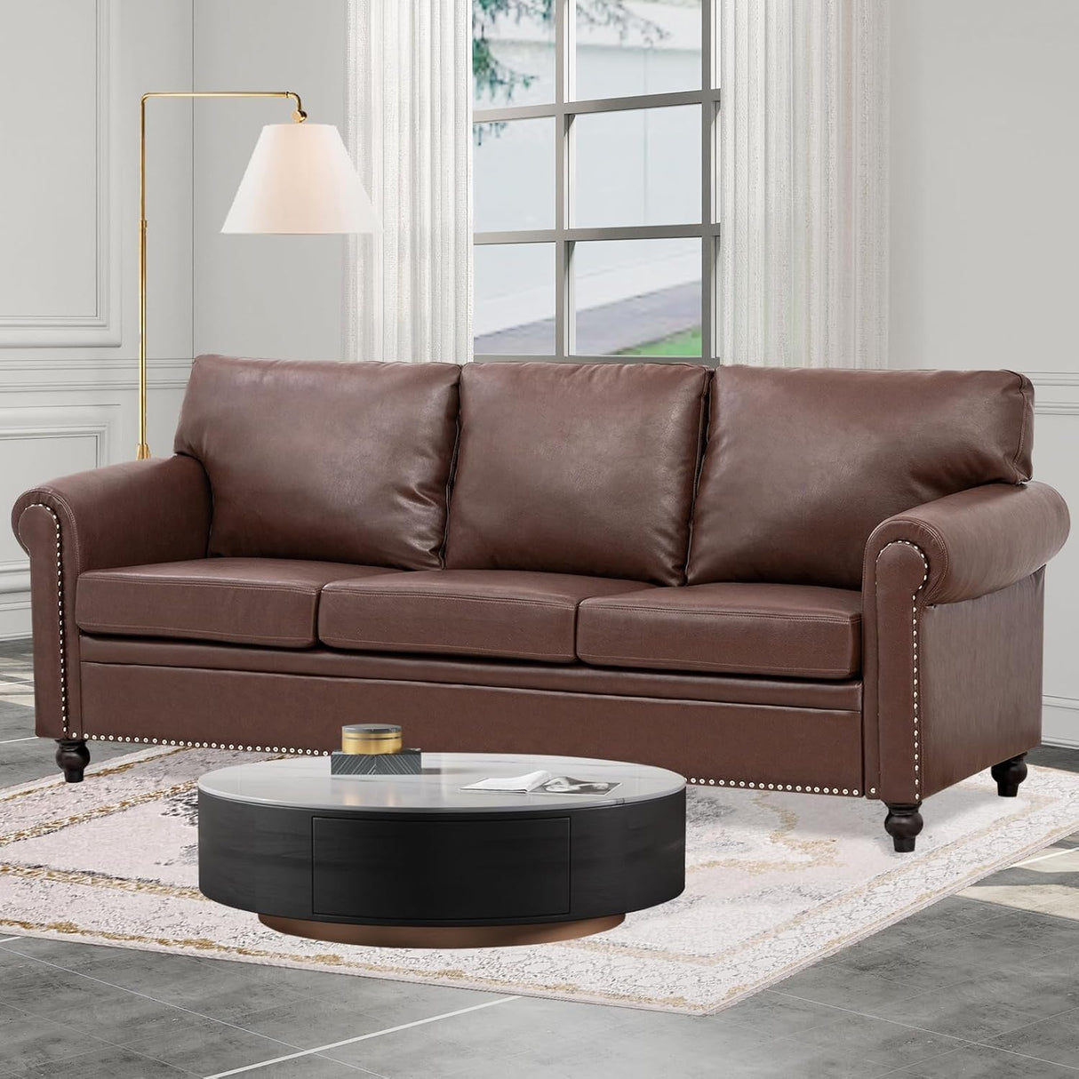 Brown Leather Couch, Comfy Classic 3 Seater Living Room Sofa,Mid-Century Modern Sofa with Detachable Cushions 84" for Living Rooms, Bedrooms, Offices,Apartments Tool-Free Assembly(Brown PU + Sofa) INOTEVERITORY