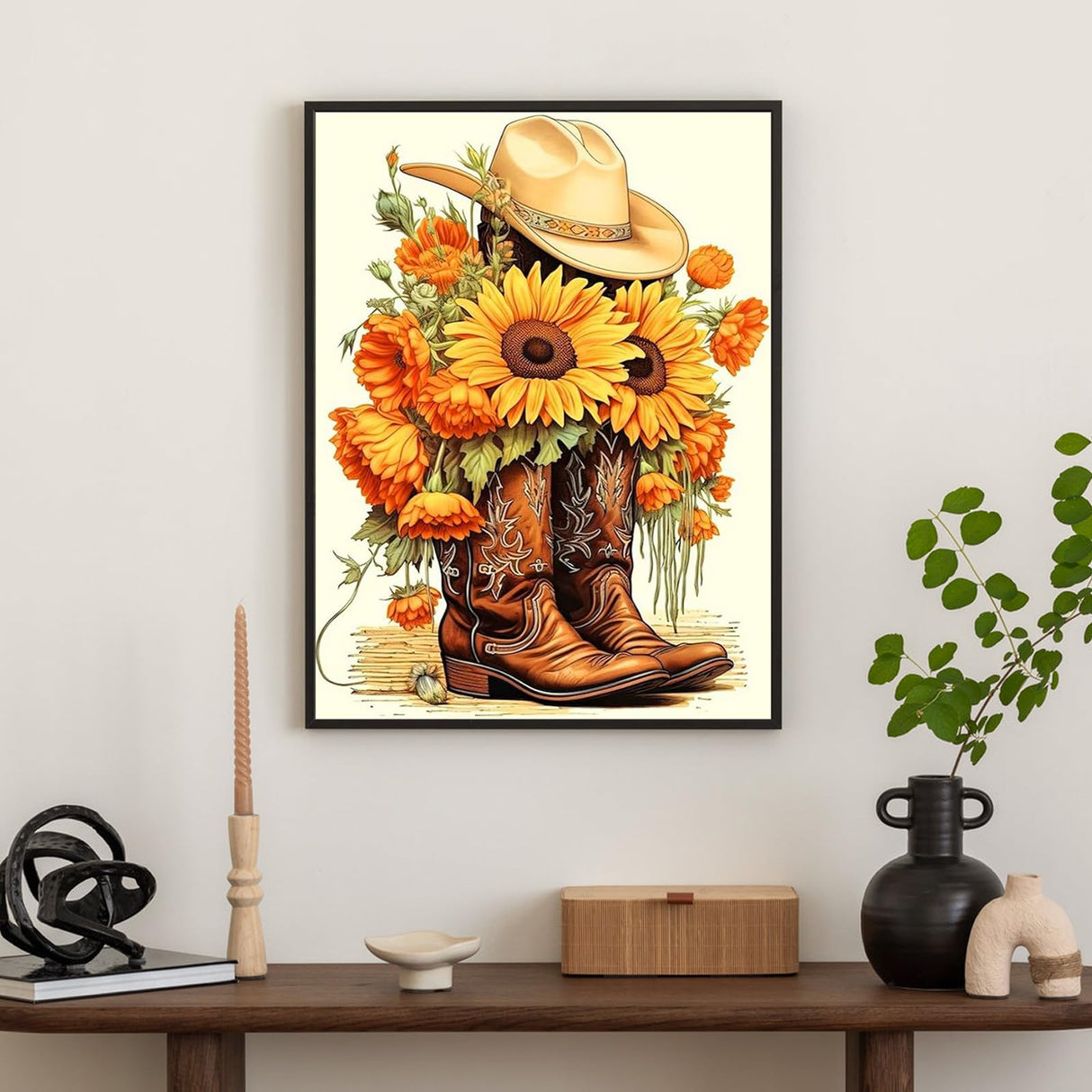 Diamond Art Kits for Adults Cowboy Boot, DIY 5D Diamond Painting Kit for Beginners Sunflower, Cowboy Hat Full Round Drill Gem Art Dots for Adults, Perfect for Home Wall Decor 12X16 Inch Okarina