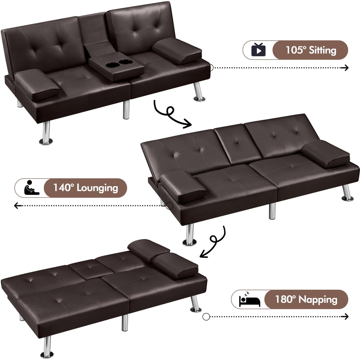 Yaheetech Convertible Sofa Adjustable Couch Sleeper Modern Faux Leather Home Reversible Loveseat, Removable Armrests, 3 Angles, 772lb Capacity, Espresso Yaheetech