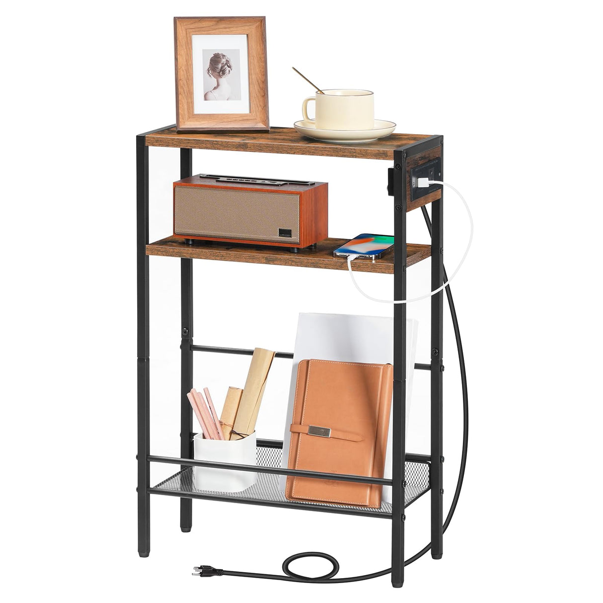 HOOBRO Small Narrow Side Table with Charging Station, Skinny End Table for Small Spaces, Slim Nightstand with USB Ports Outlet, Sofa Beside Table with Storage Shelf, Rustic Brown and Black BF102UBZ01 HOOBRO