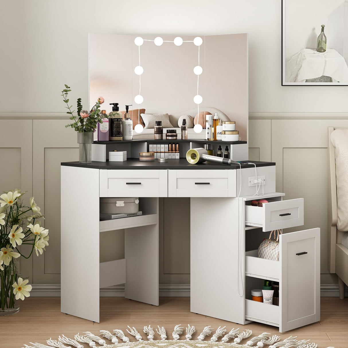 Fameill Corner Vanity Desk with Tri-Fold Mirror and Adjustable Light, Makeup Dressing Table with Power Outlet, 3 Drawers, Sliding Cabinet, Open Shelves, White Vanity Desk for Bedroom, Women, and Girls Fameill