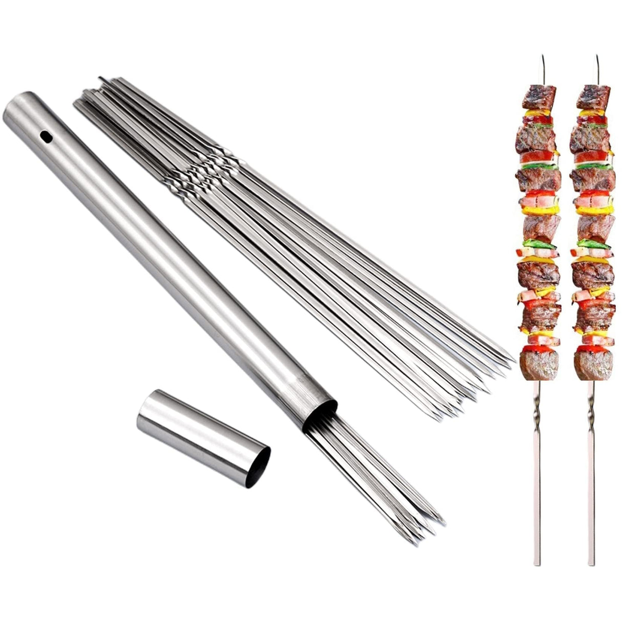 WILLBBQ 304 Stainless Steel 13.2" Long Flat Barbecue Skewers,20PCS/40PCS BBQ Kebab Skewers with Portable Metal Storage Tube,Reusable for Grilling Barbecue Kitchen Party and Outdoor Cooking (40PCS) WILLBBQ