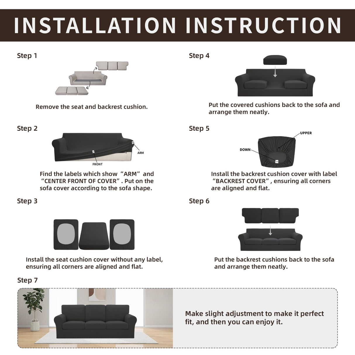 Easy-Going 7 Pieces Stretch Couch Cover Washable Sofa Cover Set for 3 Backrest and Seat Cushion Couch Anti-Slip Sofa Slipcover Furniture Protector with Elastic Bottom (Large, Dark Grey) Easy-Going