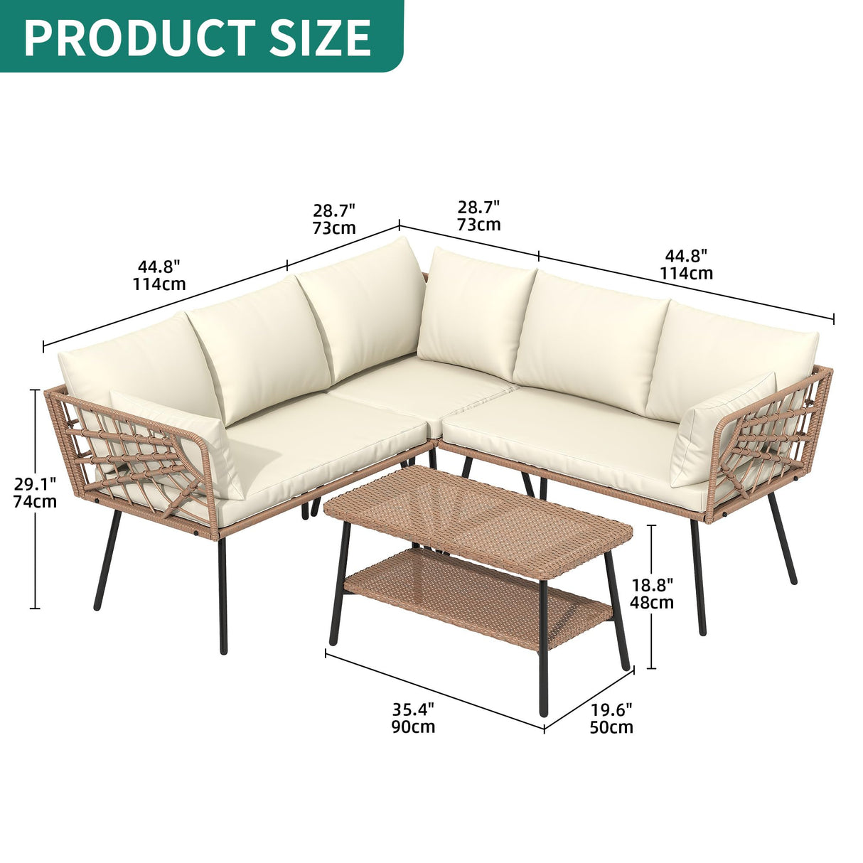 YITAHOME 4PCS Patio Furniture Set L Shape Outdoor Couch with 2-Tier Coffee Table and Thick Cushions Patio Conversation Set Rattan Sectional Sofa Boho Outdoor Furniture Set with 5 Seater for Backyard YITAHOME