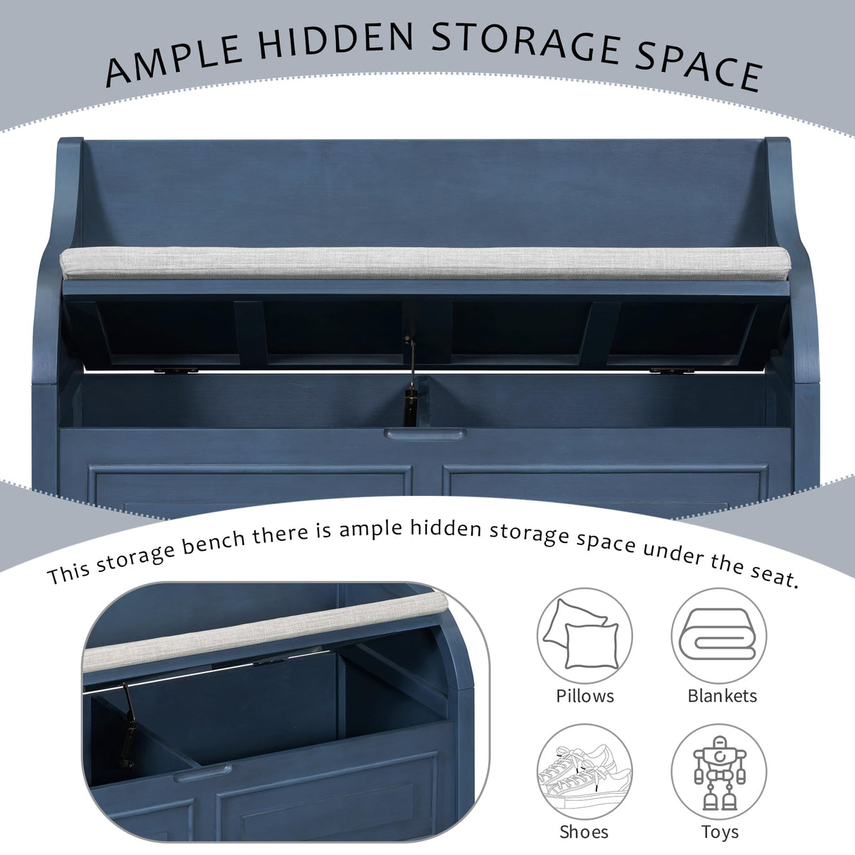 Knocbel Rustic Entry Storage Bench with Hidden Compartments and Removable Cushion, Wooden Entryway Hallway Foyer Shoe Bench Bedroom End of Bed Bench, 250lbs Weight Capacity (Antique Navy) Knocbel