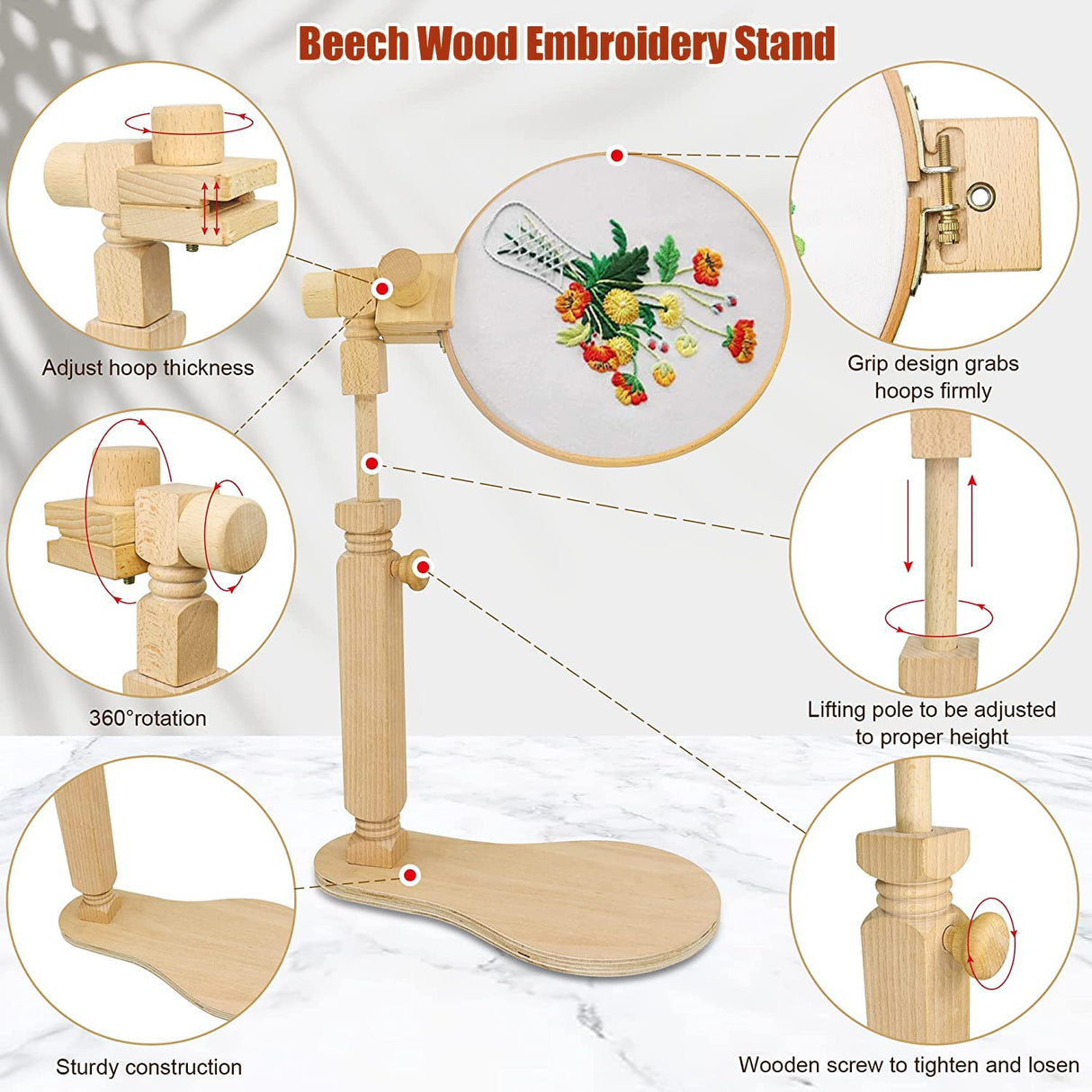 Embroidery Hoop Stand - Rotated Cross Stitch Stand Lap, Easy to Use Natural Beech Wood Embroidery Hoop Holder, Hands Cross Stitch Stand for Art Craft Sewing Needlework Projects guofa