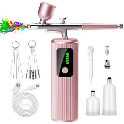 Airbrush Kit with Compressor - 48PSI High-Pressure, Non-Clogging Air Brush Set Cordless Rechargeable with 0.3mm Nozzle, Ideal for Painting, Modeling, Cake Decor, Pastry, Makeup, Nail Art (Pink)