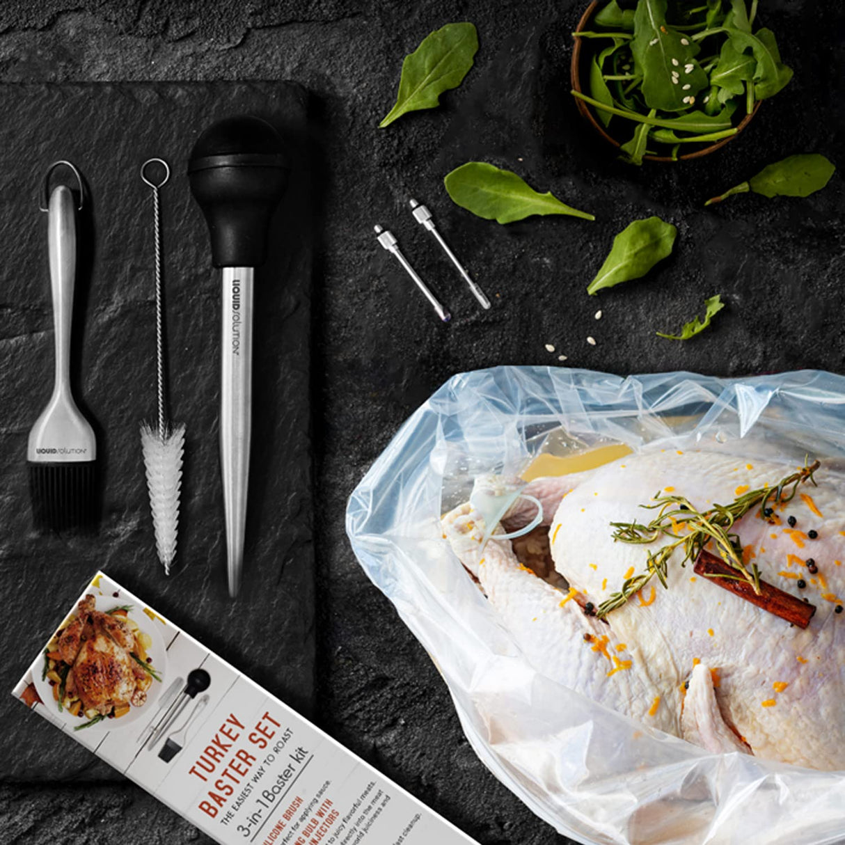 Liquid Solution Turkey Baster 5 Piece Set, Includes Baster for Cooking, Barbecue Basting Brush, Flavor Injector with Cleaning Brush - Perfect for Thanksgiving or Regular Cookout Liquid Solution