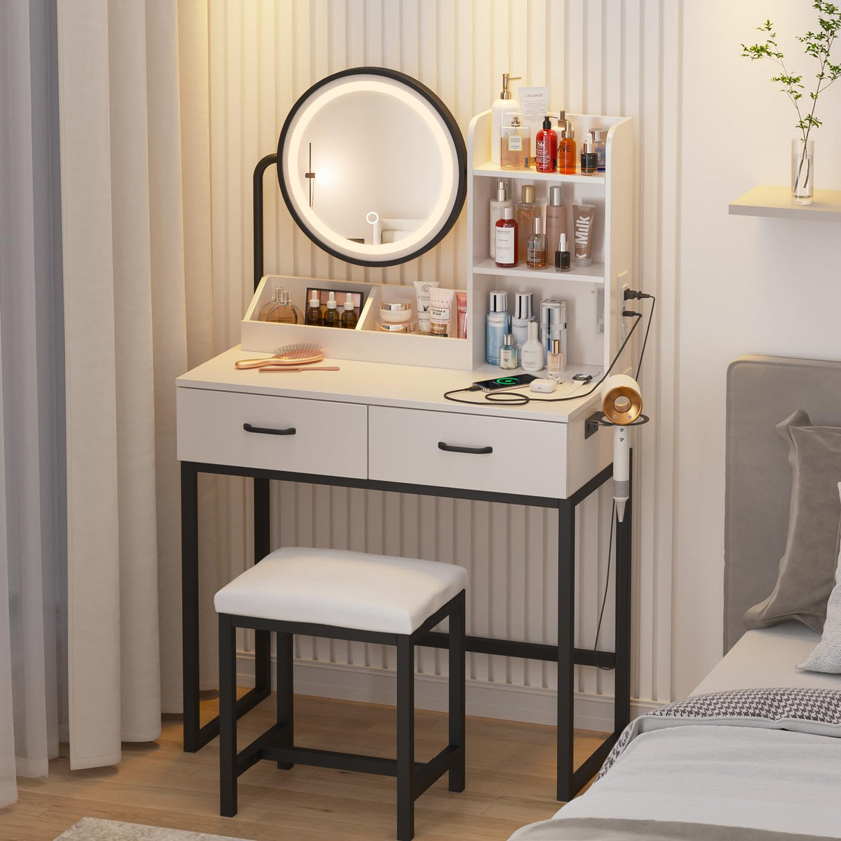 Vabches Makeup Vanity with Round Mirror and Lights, White Vanity Makeup Table with Charging Station, Small Vanity Table for Bedroom, 3 Lighting Vabches