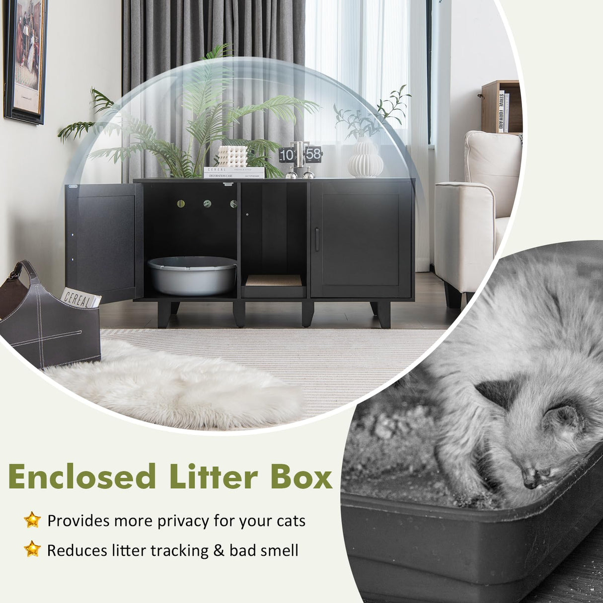 Tangkula Double Cat Litter Box Enclosure for 2 Cats, Large Stackable Hidden Privacy Cat Washroom Cabinet with Scratching Board, Indoor Cat House TV Stand Side Table, Litter Box Furniture (Black) Tangkula