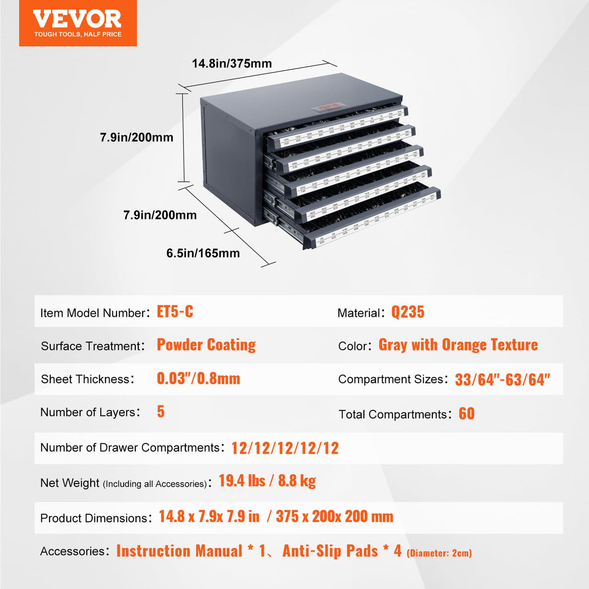 VEVOR Drill Bit Dispenser Cabinet, Five-Drawer Drill Bit Organizer Cabinet for 33/64" to 63/64" Steel Drill Dispenser Organizer Cabinet with Labels, Stackable Drill Dispenser for Drill Bit Storage VEVOR
