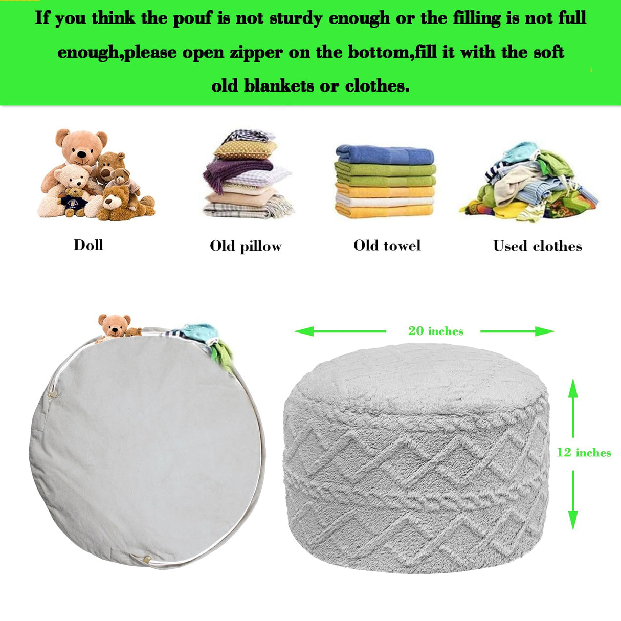 Beawelkomjo Pouf Ottoman Stuffed 20x20x12 Inches Floor Pouf Plush Fiber Ottoman Foot Rest Under Desk Foot Stool for Living Room Bedroom (Light Gray Pouf with Filler) Beawelkomjo