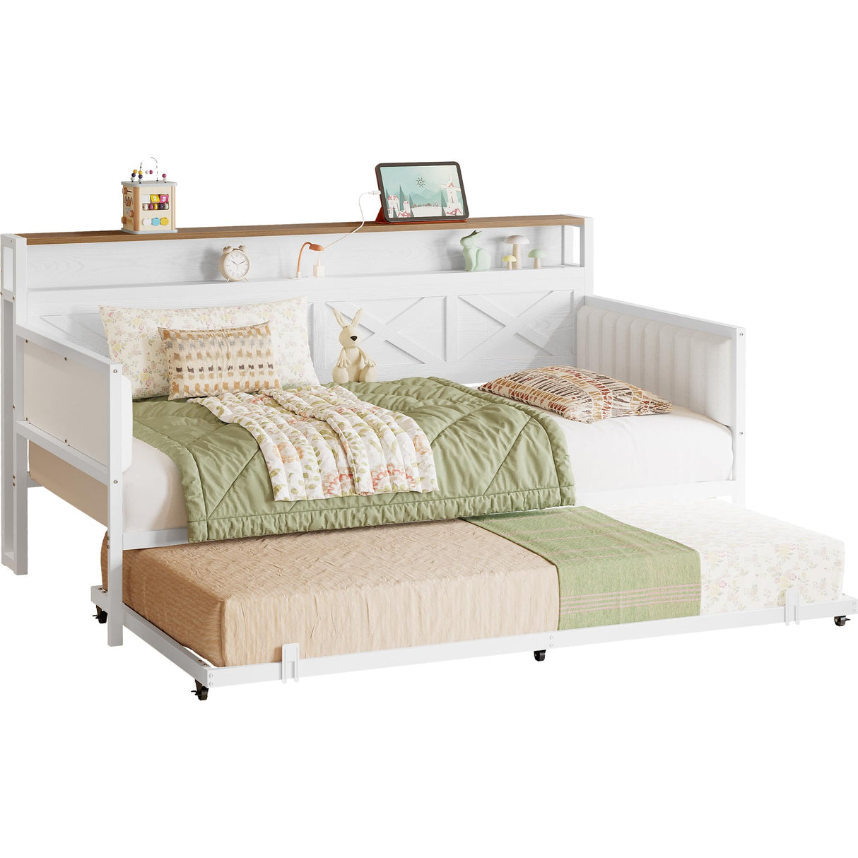 IRONCK Daybed with Trundle, Sturdy Metal Twin Bed Frame with X-Shaped Frame, Upholstered Farmhouse Daybed with Charging Station for Living Room, Bedroom, and Guest Room, White/Walnut IRONCK