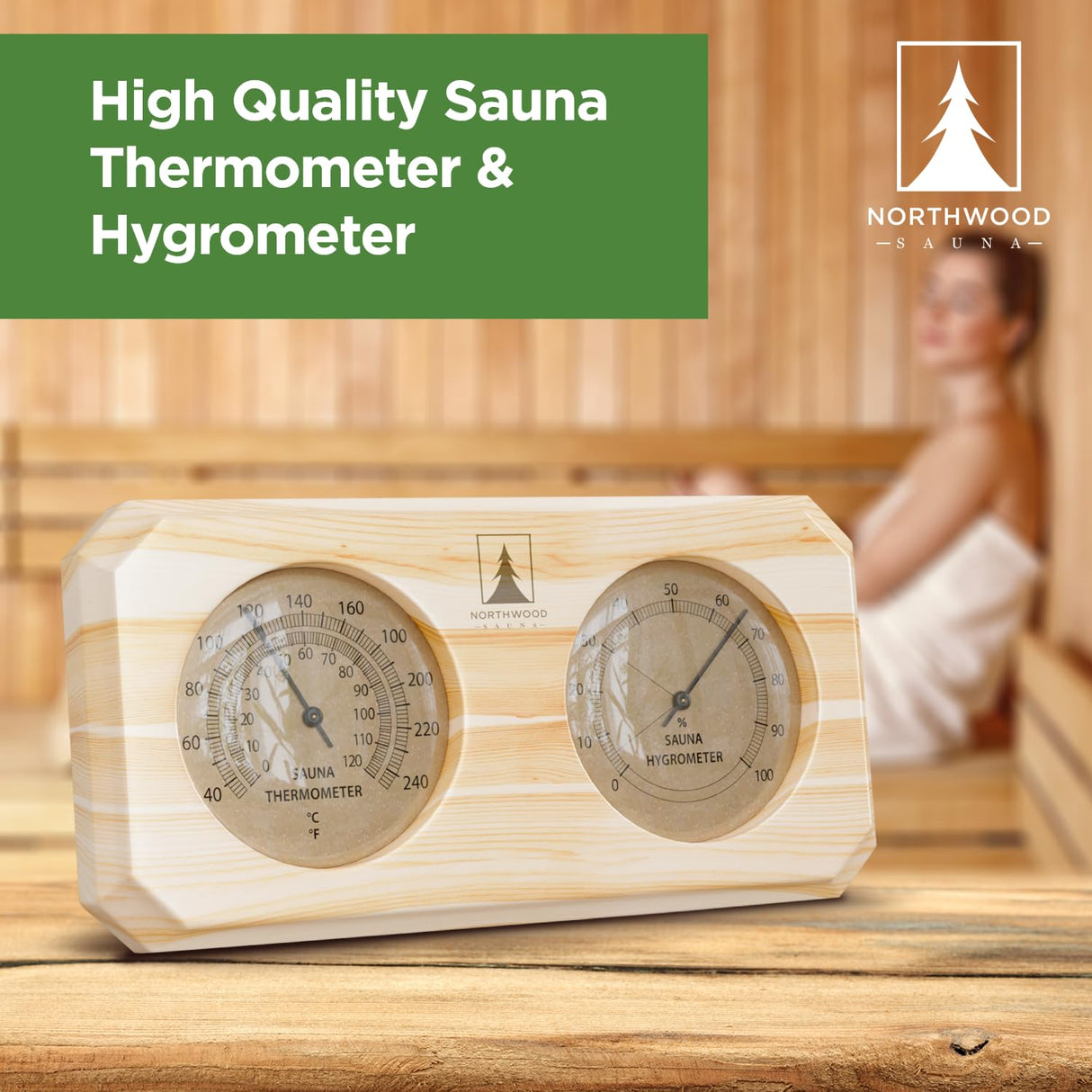 Northwood Sauna - Sauna Thermometer & Hygrometer 2 in 1 - Handmade from Finnish Pine Wood - Luxurious Glass and Golden Metal Dials Northwood Sauna