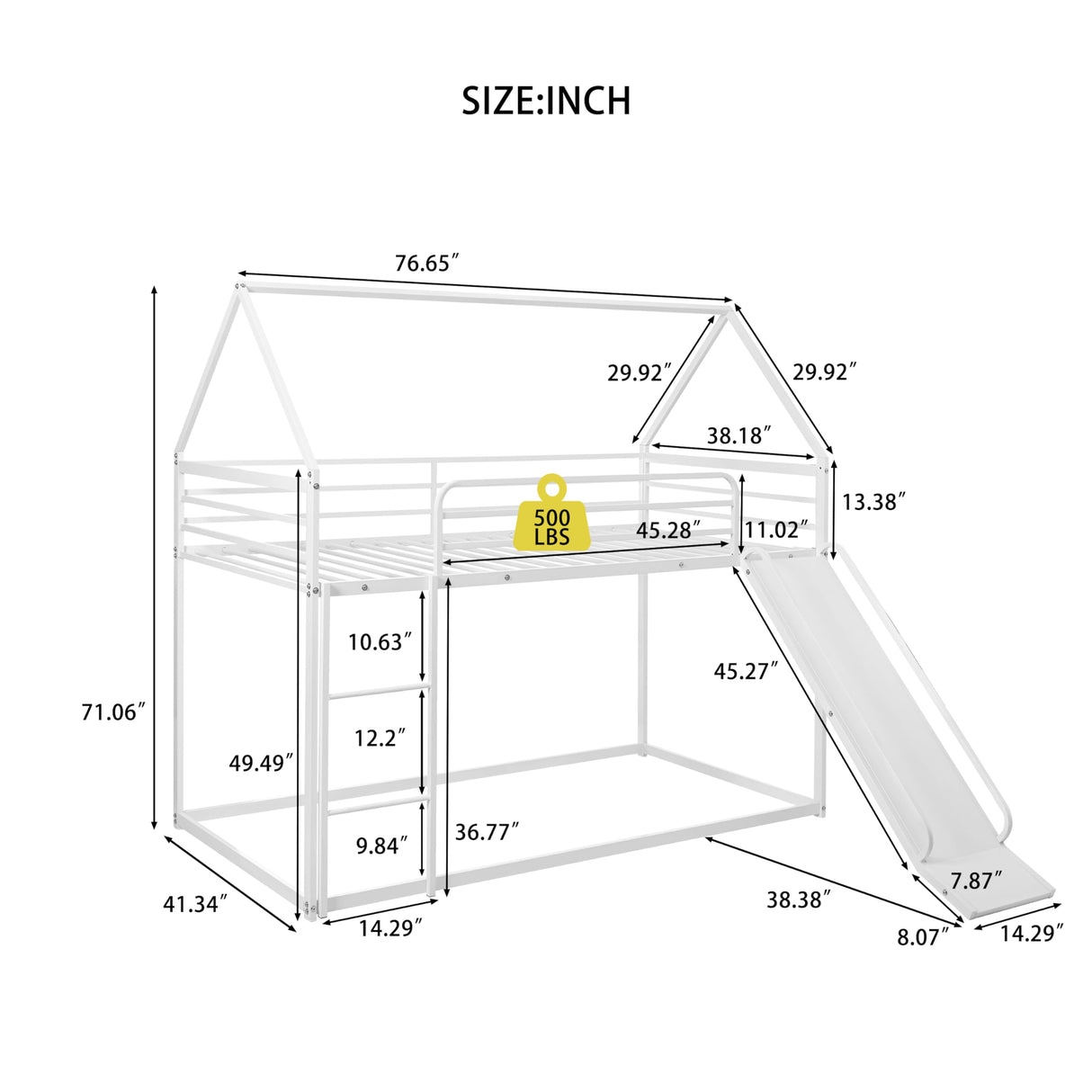 NKISHECK Metal Twin Over Twin Bunk Bed with Slide, Low House Bunk Bed for Girls Boys, White NKISHECK
