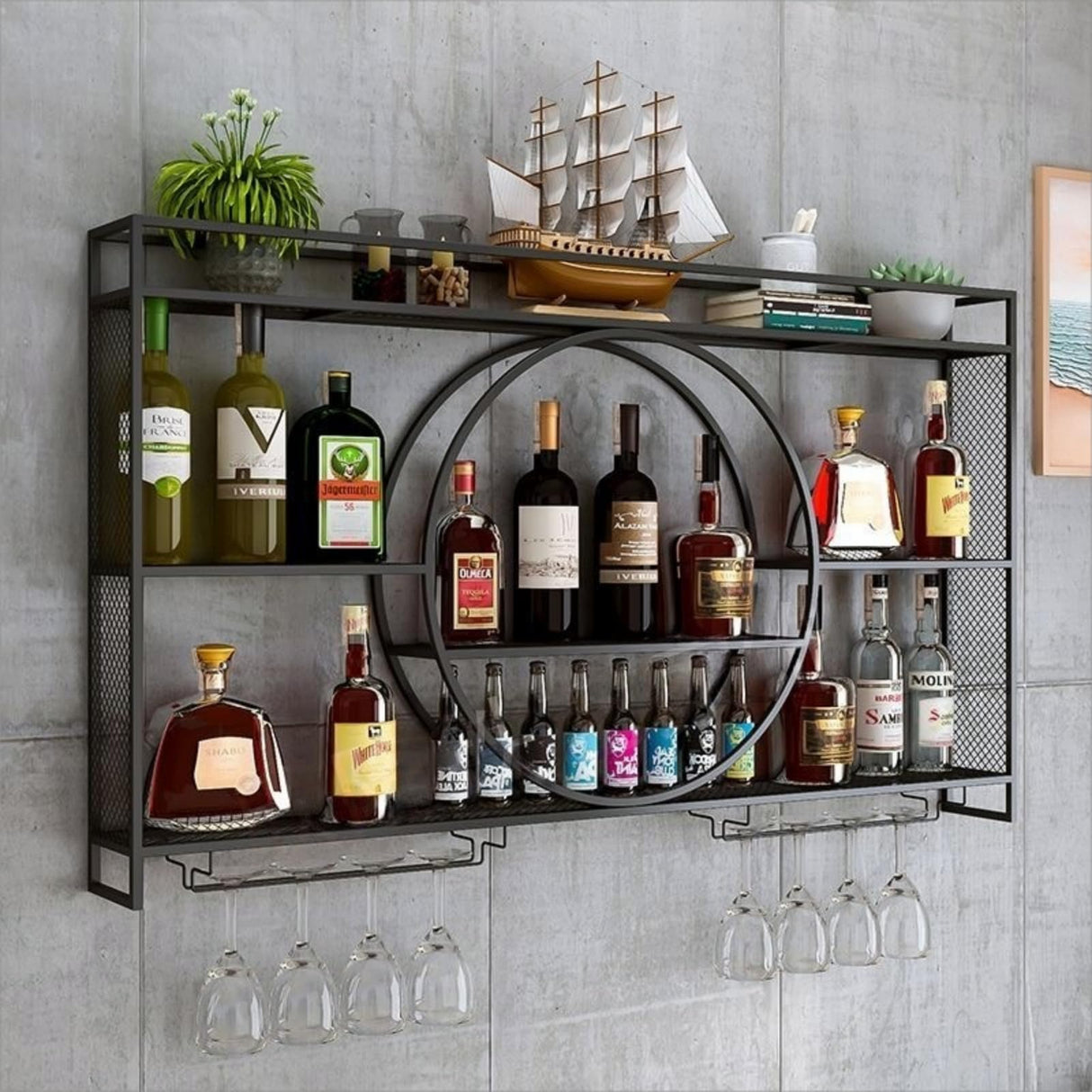 PIKYsailed 39 Inch Metal Wall Mounted Wine Rack, 3 Tier Bar Shelves with Glass Holder, Large Capacity Modern Liquor Shelves for Home Bar, Dining Room & Kitchen, Black PIKYsailed