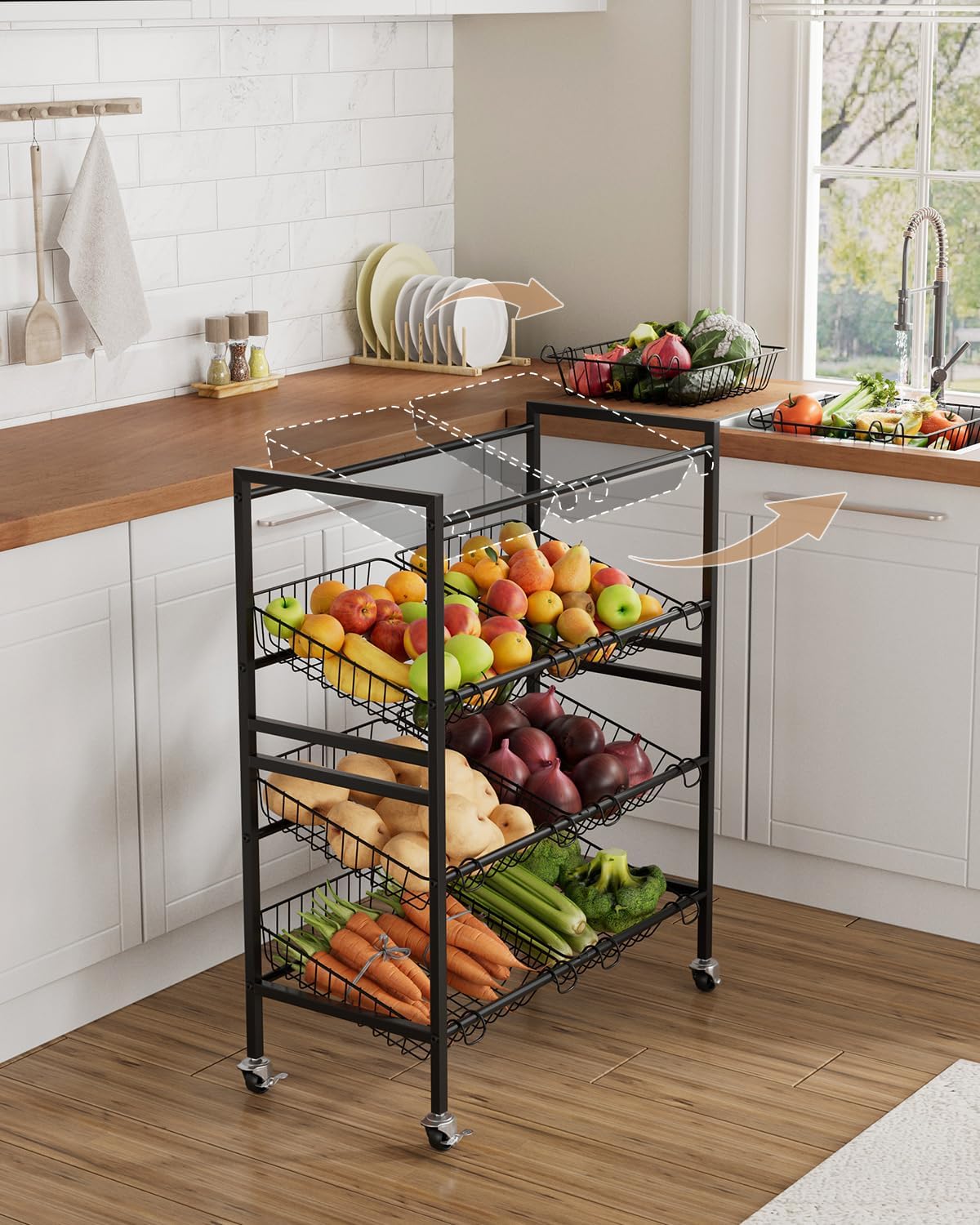 Evermagin Kitchen Storage Cart, Rolling Snack Cart, 25.2''W 4 Tier Fruit Basket Stand, Metal Pantry Storage with Stackable Wire Basket, Black Evermagin