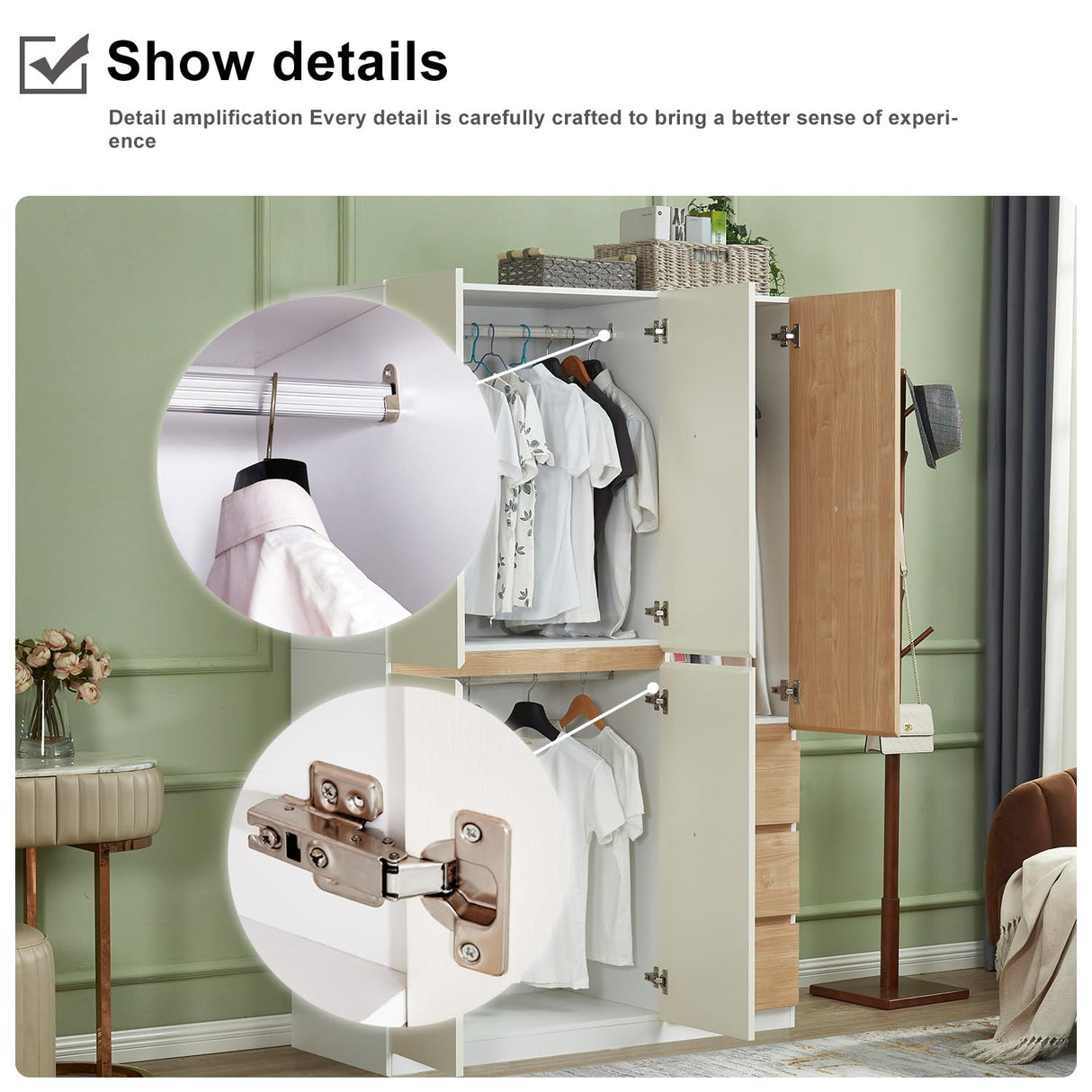 Sophshelter Armoire Wardrobe Closet Wood, 3 Door 3 Drawers White Closet Wardrobe for High Storage Capacity, Tall Cabinet Closet with 3 Hanging Rod 47.3" L x 20.3" W x 72" H Sophshelter