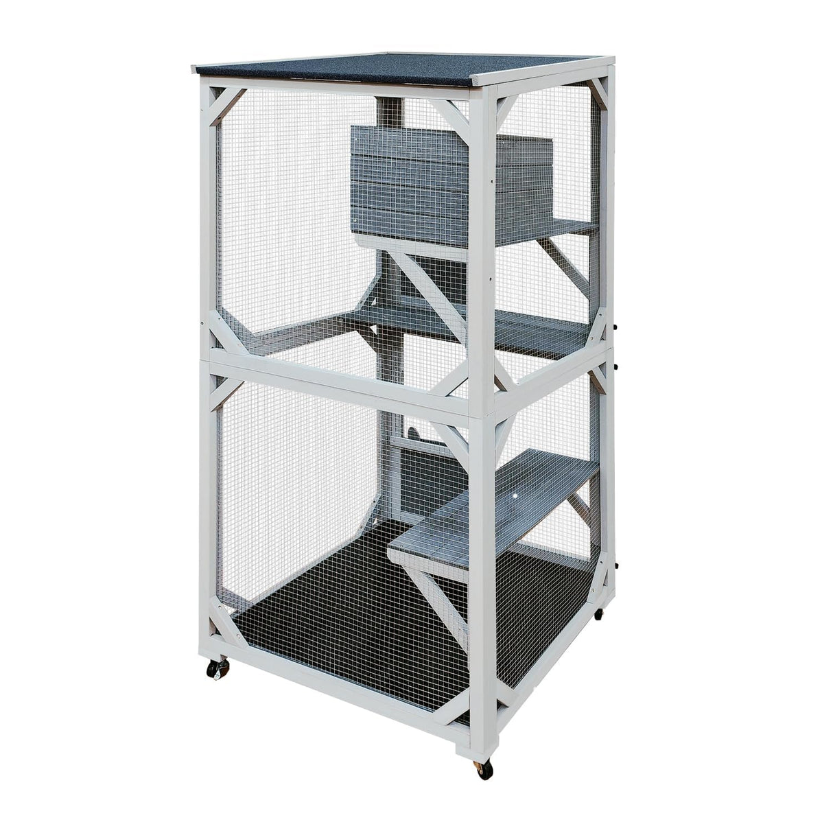 Outdoor Catio Enclosure on Wheel, 71" Large Catio Outdoor Cat Enclosure with Weatherproof Asphalt Roof & Sliding Doors, Wooden Cat Condo Cage Shelter Playpen with 2 Napping House & 4 Jumping Platforms Mochalight