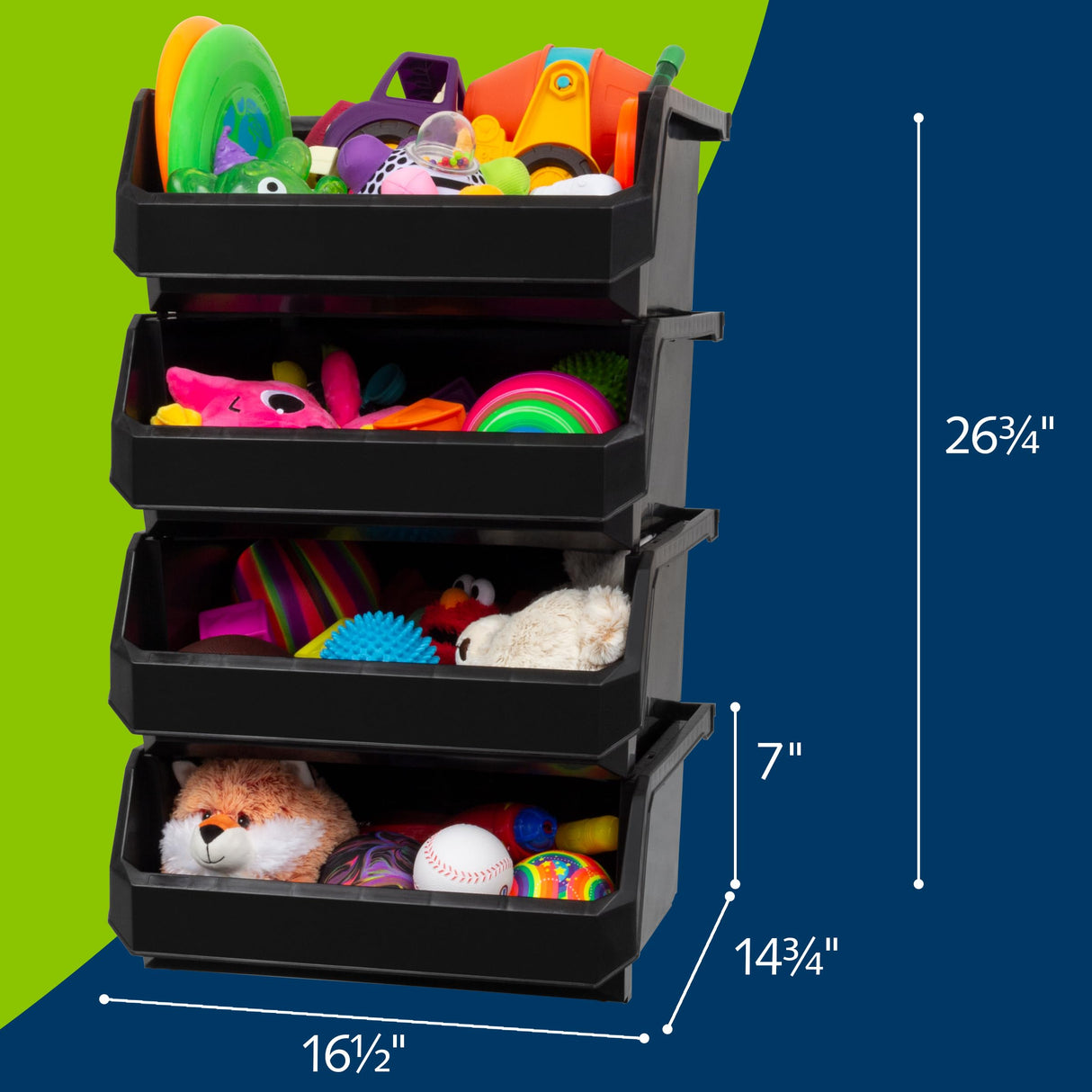 ReadySpace Plastic Containers for Organizing and Storage Bins for Closet, Kitchen, Office, Garage or Pantry Organization, Stackable Bins, Extra Large (14.8" x 16.5" x 7"), 4-Pack, Black ReadySpace