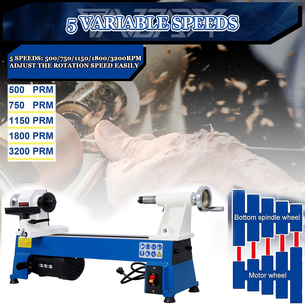 Tandagy 1/2HP Power Wood Lathe 10" x 18" Benchtop Wood Lathe Professional Wood Lathe Machine with 5 Variable Speeds 500 750 1150 1800 3200RPM Mini Wood Turning Lathe Machine for Woodworking Tandagy