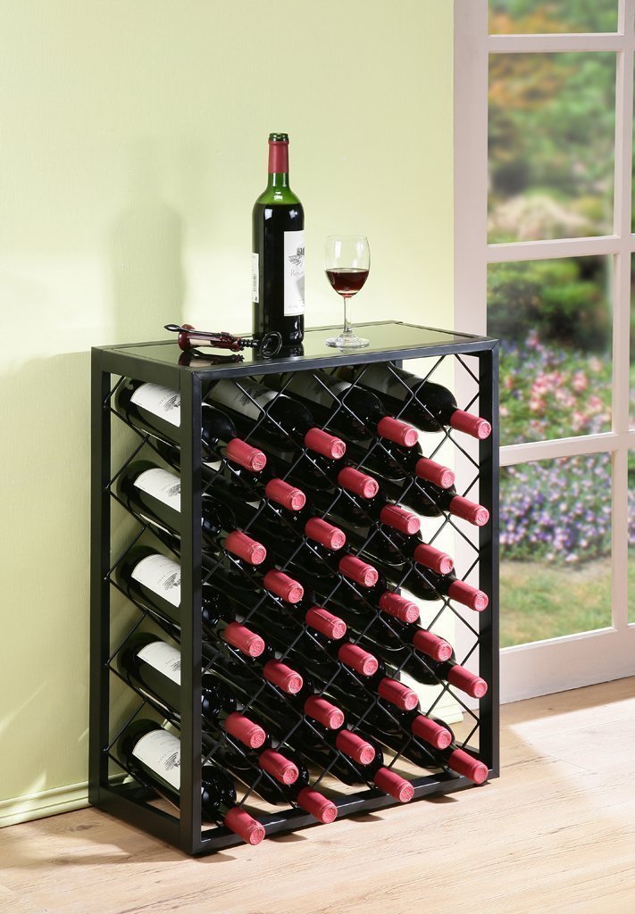 Mango Steam 32 Bottle Wine Rack with Black Glass Top Shelf, Free Standing for Home, Kitchen and Bar Mango Steam