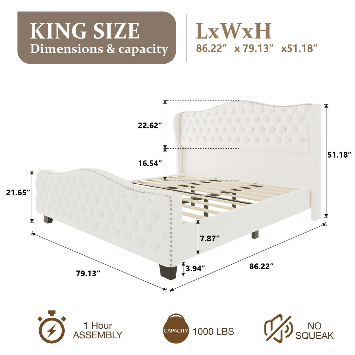 viplov King Size Platform Bed Frame with 51-inch Tall Camelback Headboard & Wingback, Deep Button Tufted Footboard with Nailhead Trim, No Box Spring Needed, Cream viplov