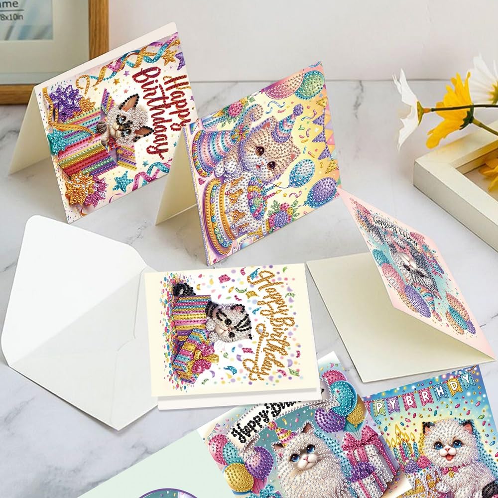 6-Pack Pets Birthday Diamond Painting Greeting Card Kits, Special Shaped Diamonds Painting, DIY Handcraft for Relatives and Friends with Wishes,Unique Design Crafting for Birthday Cards Focart