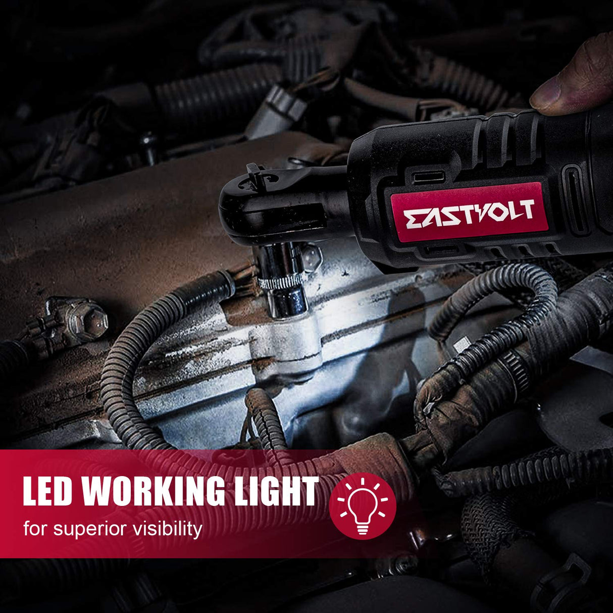 Eastvolt 12V Cordless Electric Ratchet Wrench Set, 3/8 Inch 35 Ft-lbs Power Wrench Tool Kit with Fast Charger, 2.0Ah Lithium-Ion Battery, 7-Pieces 3/8 Inch Metric Sockets and 1/4" Adaptor, Black + Red Eastvolt