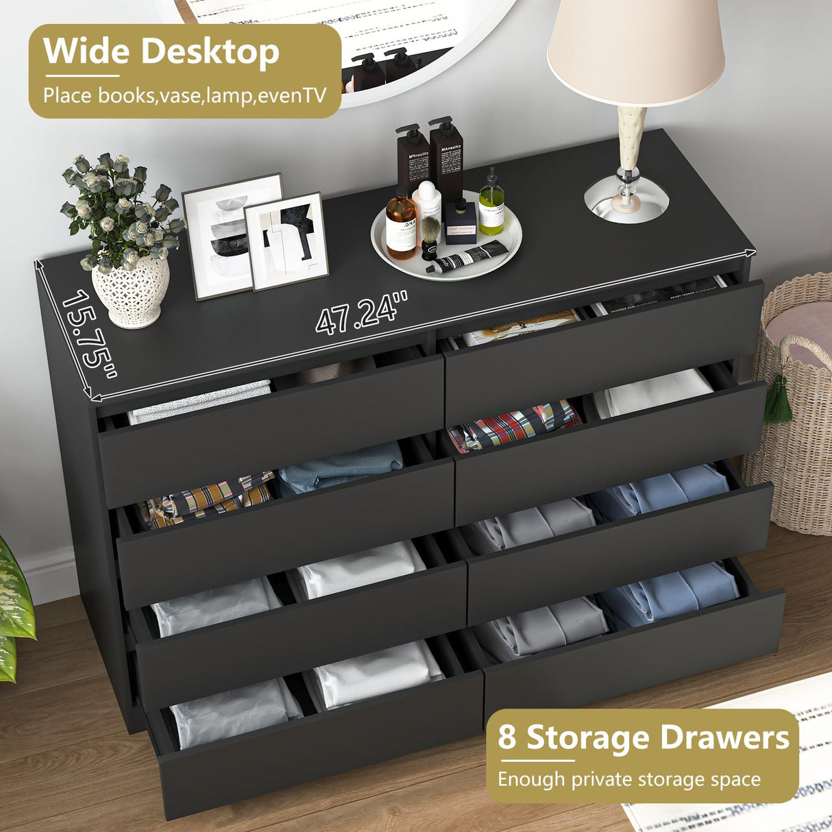 CIPACHO Black 8 Drawer Dresser for Bedroom,Modern Large Dresser with Deep Drawer,Wide Storage Chest of Drawer, Bedroom Storage Furniture Drawers for Living Room CIPACHO