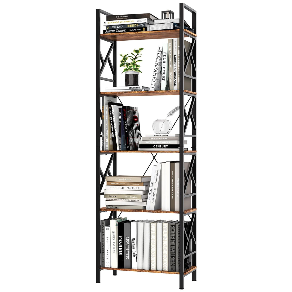 72"H 5-Tier Bookshelf: MDF Wood & Steel Shelves with 500lbs,Tall Narrow Adjustable-Shelf Bookcase.Bookshelves Storage Organizer, Industrial Display Standing Shelf Unit for Living Room/bedroom/Office FREGREE