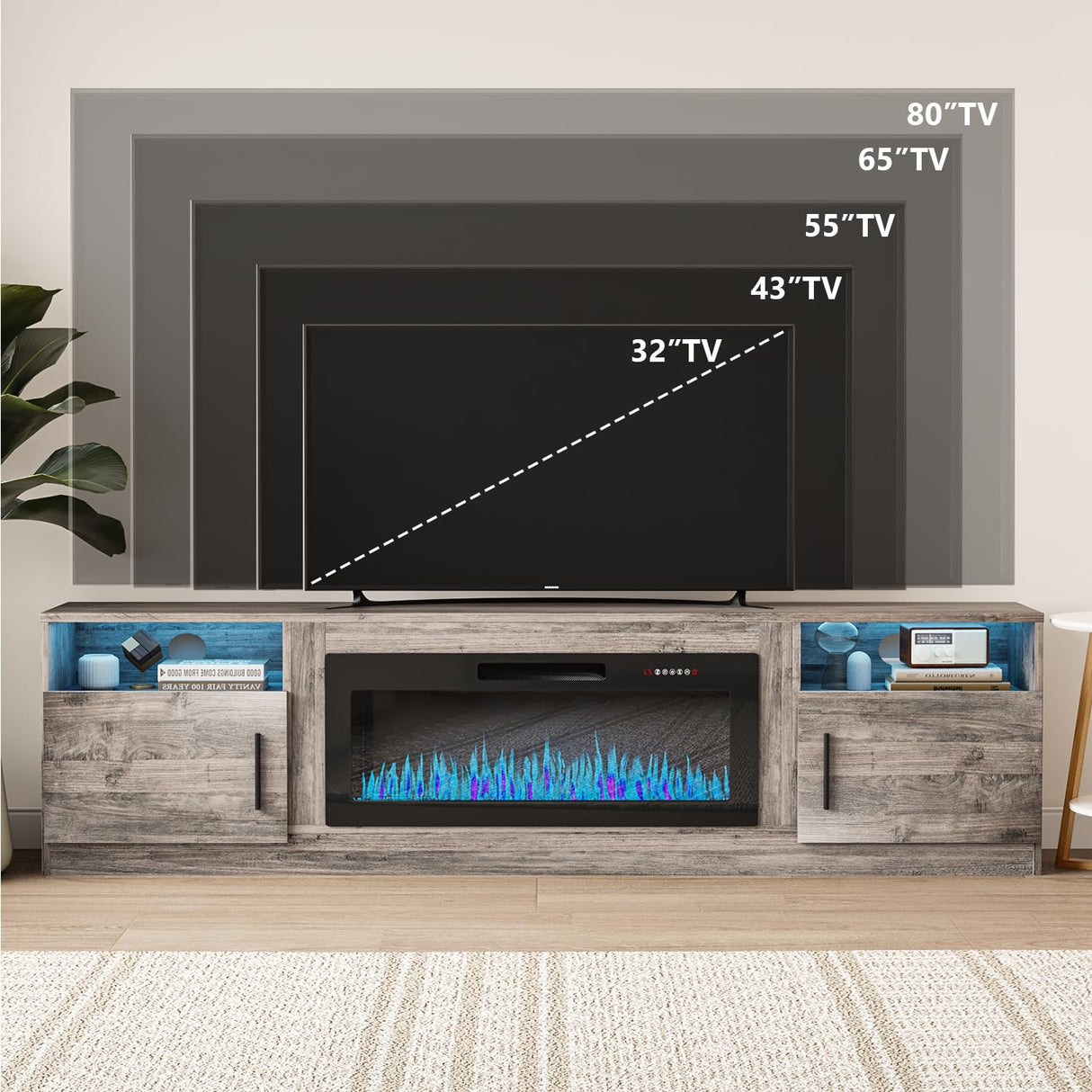 VITESSE TV Stand with 36" inch Electric Fireplace Up to 90" TVs, LED Light Entertainment Center, 80" Modern Wood High Gloss Fireplace with Highlight Storage Cabinet for Living Room (Grey) VITESSE