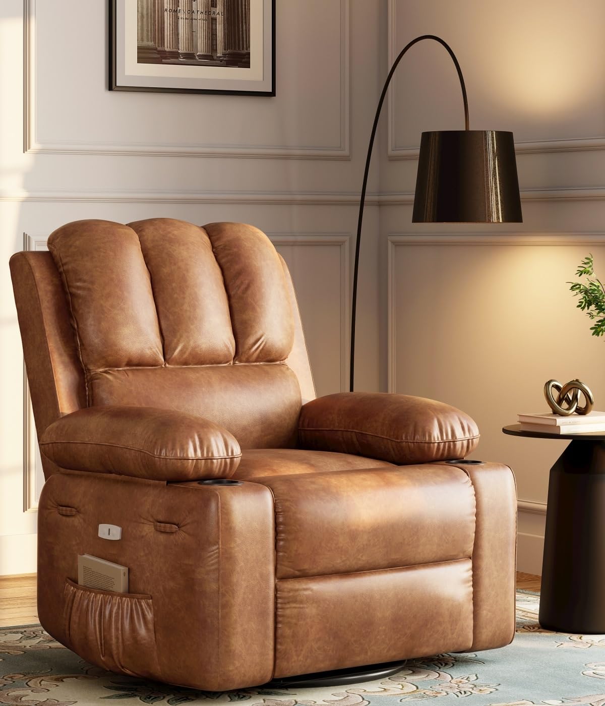 Oversized 27" Power Recliner Chair with Heat and Massage - 360° Swivel Faux Leather Rocking Chair for Adults with Cup Holder for Living Rooms, Bedrooms, and Nurseries - Brown GarveeHome