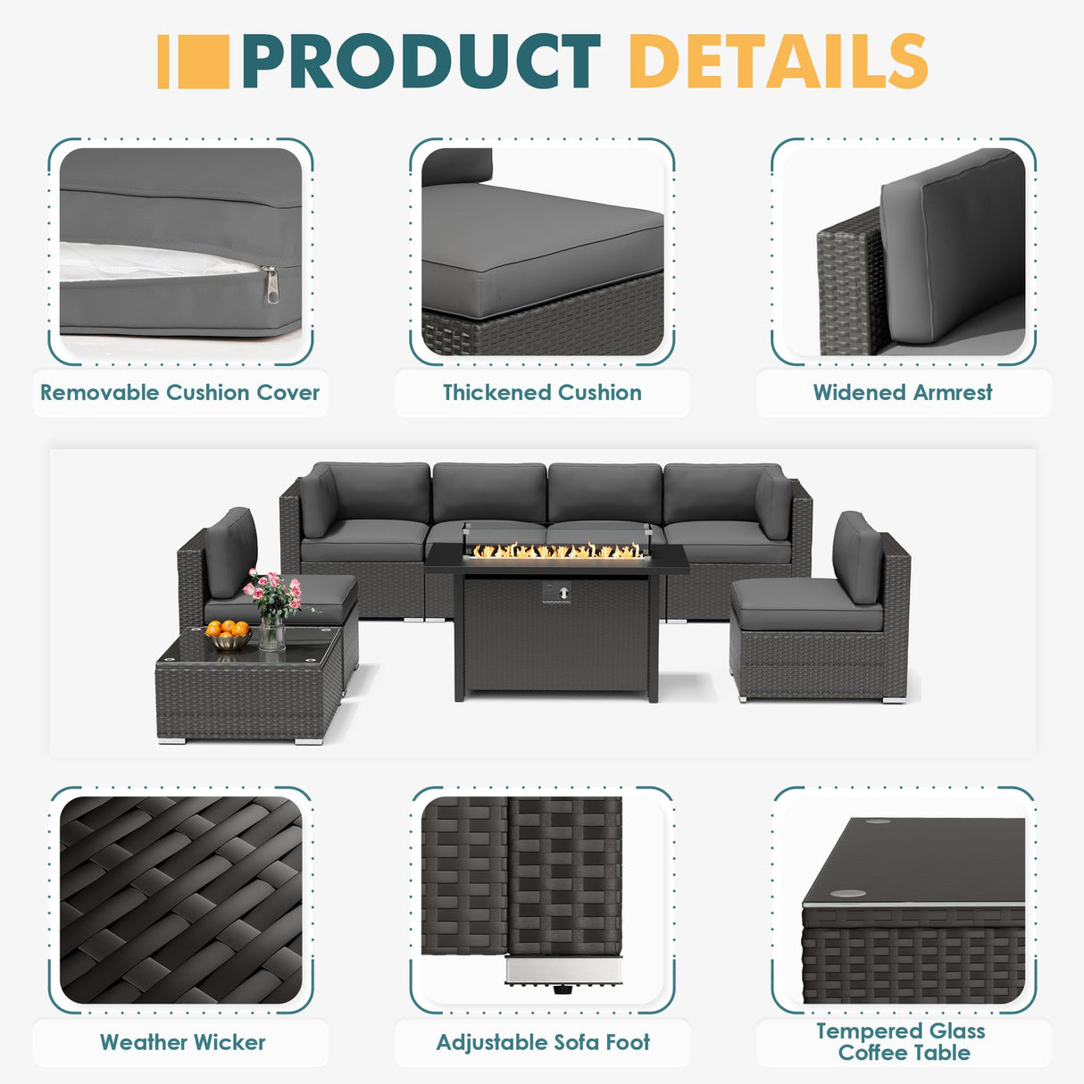 Incbruce 8-Piece Patio Furniture Set with Fire Pit Table, PE Black Brown Wicker Rattan Outdoor Sectional Couch, Patio Conversation Set with Glass Table and Removable Cushions (Grey) Incbruce