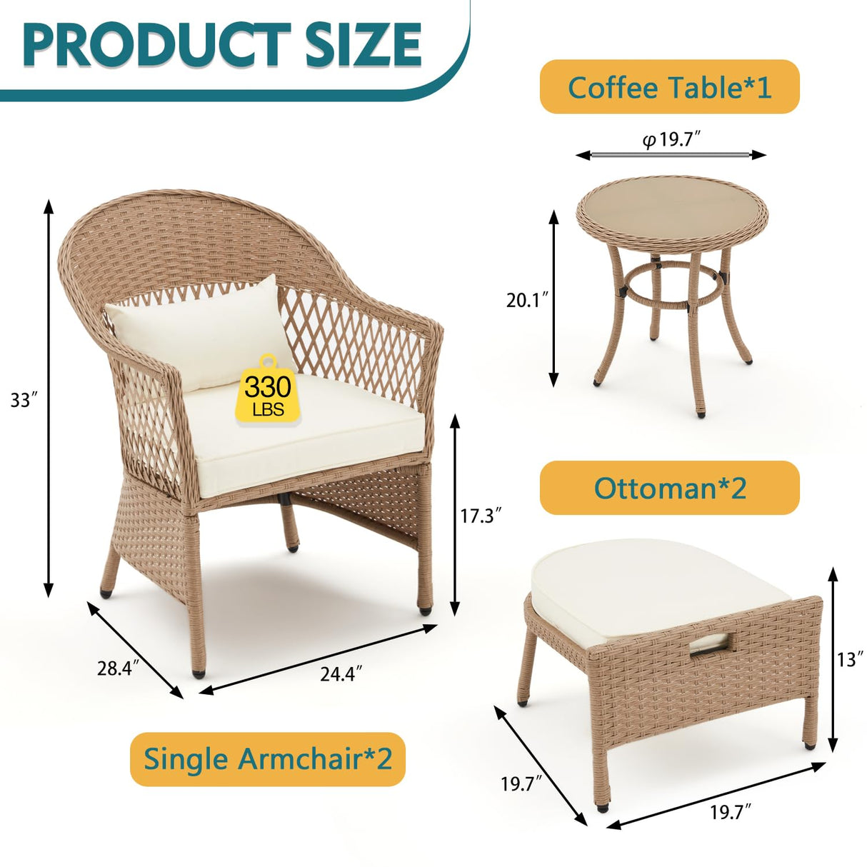 AVAWING 5 Pieces Patio Furniture Set, Outdoor Rattan Chairs with Round Glass Coffee Table, Ottomans & Soft Cushions, Wicker Conversation Bistro Set for Garden, Deck, Balcony, Poolside(Beige) AVAWING