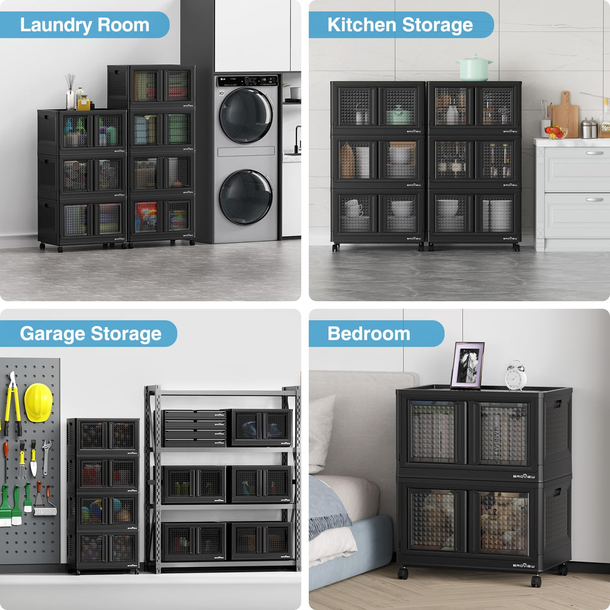 BROVIEW 240Qt Stackable Storage Bins with Lids, 60Gal Plastic Collapsible Storage Bins with Doors and Wheels, Closet Organizers and Storage, Black Folding Storage Cabinet for Home Garage, 3 Pack Cube BROVIEW