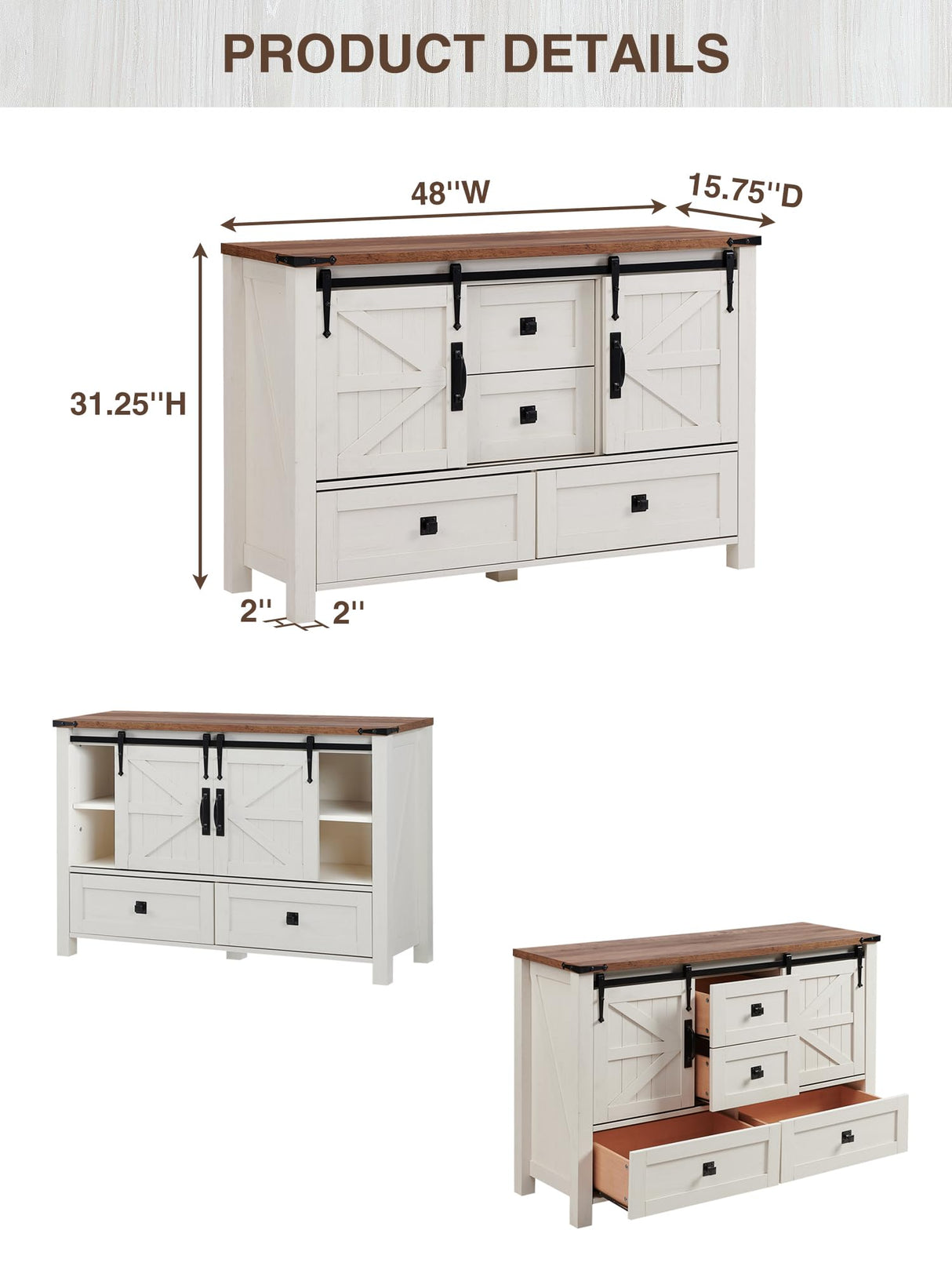 T4TREAM Farmhouse Dresser for Bedroom w/4 Drawers & Sliding Barn Doors, 48'' Wide Chest of Drawers, Rustic Dresser TV Stand w/Shelf, Dresser Organizer for Bedroom, Living Room, Entryway, Antique White T4TREAM