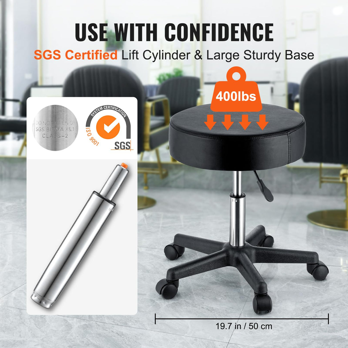 VEVOR Rolling Stools with Wheels, 400 LBS Weight Capacity Adjustable Height Stool with Ultra-Thick Seat Cushion, Swivel Stools Chair for Salon, Bar, Home, Office, Tatoo, Medical, Massage, Black VEVOR