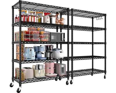 PrimeZone 74''H Wire Shelving 1250lbs 5 Tier Storage Shelves with Wheels NSF Certified Heavy Duty Steel Metal Shelf Adjustable Rolling Rack Kitchen Garage Closet Pantry Laundry 74''HX36''WX14''D 2PCS